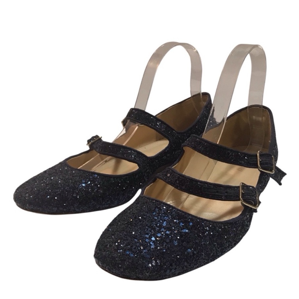 J. Crew Black Glitter Triple-Strap Mary Jane Flats